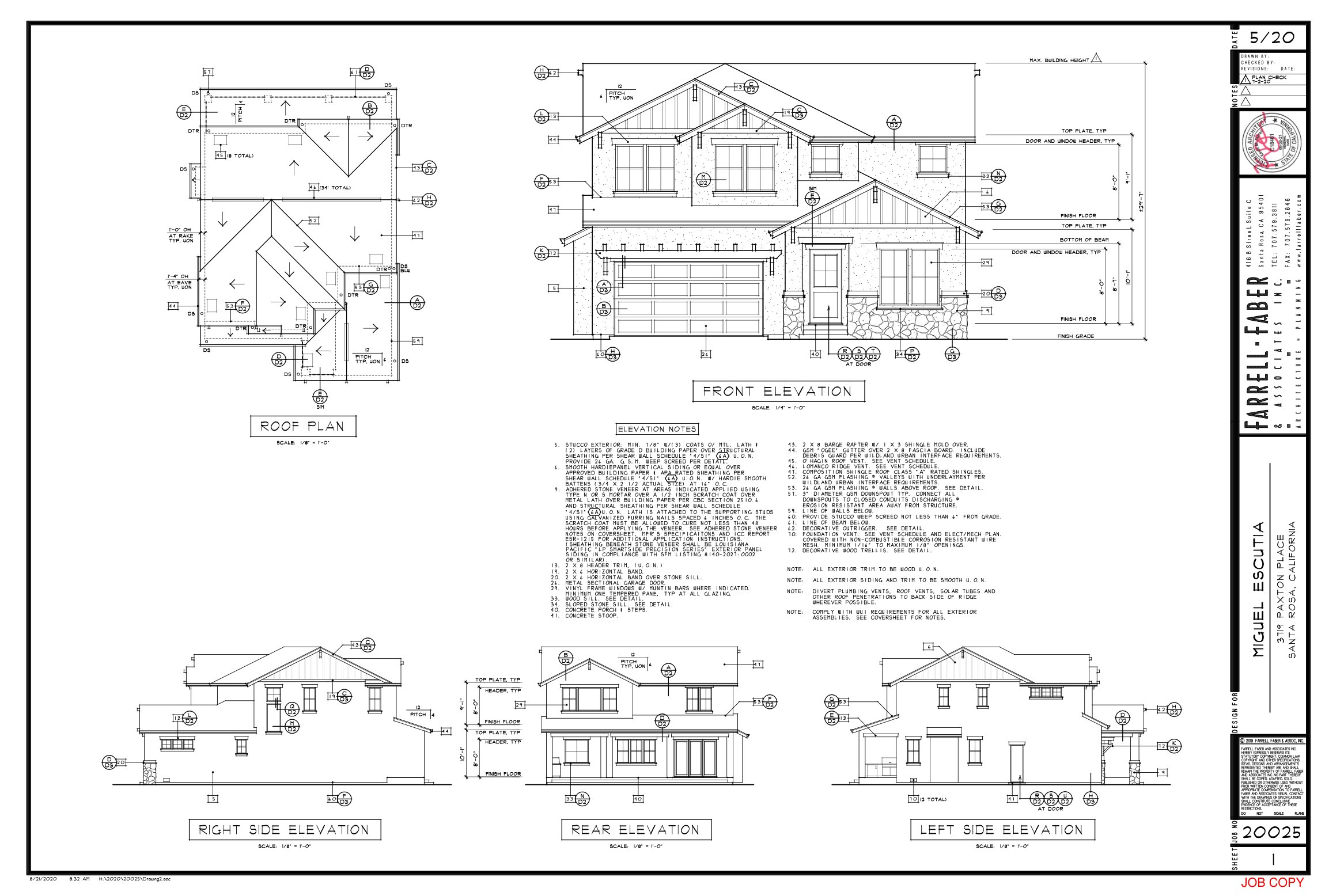 Paxton’s original architectural drawing showing the roof plan and four house elevations